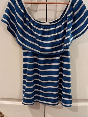 Beachlunchlounge Collection Blue and White Off-Shoulder Striped Top